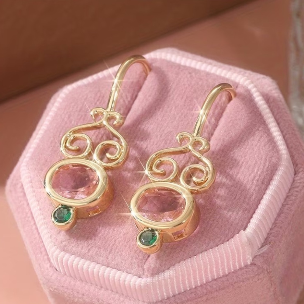 18k Golden Plated Pink Crystal Drop Earrings with Green Accent -